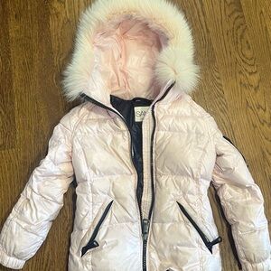 SAM Light Pink Puffer Jacket with Faux Fur Hood